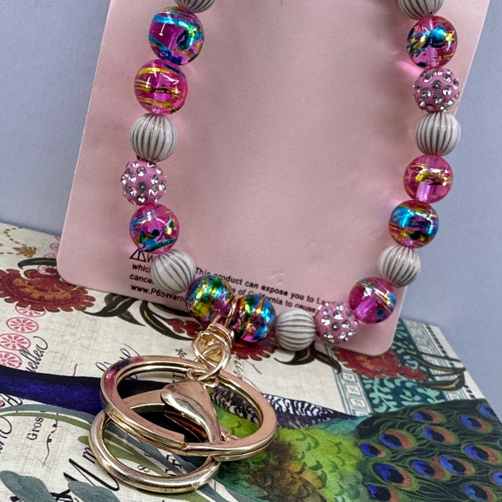Pink and Gold Beaded Keychain Bracelet - Picture 4 of 5